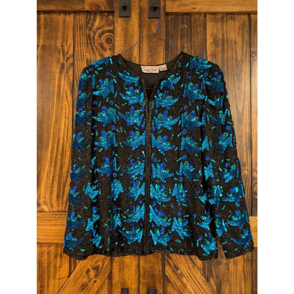 Laurence Kazar New York Vintage sequin beaded jacket silk Black Blue Sz small